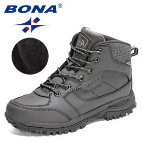 BONA 2022 New Designers Casual Winter Outdoor Snow Shoes Men Fashion Action Leather Plush Warm Boots Man High Top Hiking Shoes (Color: Dark grey S gray, size: 9)