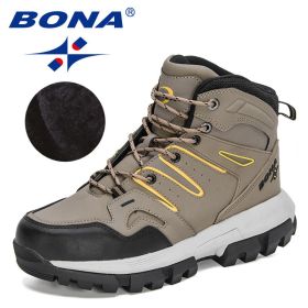 BONA 2022 New Designers Action Leather Brand Winter Warm Snow Boots Men Plush High Quality Hiking Boots Man Outdoor Footwear (Color: Medium gray black, size: 9.5)