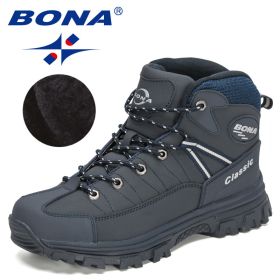 BONA 2022 New Designers Classics Winter Snow Boots Men Action Leather Super Warm Ankle Boots Man Hiking Boots Plush Shoes Male (Color: Deep blue S gray, size: 10)